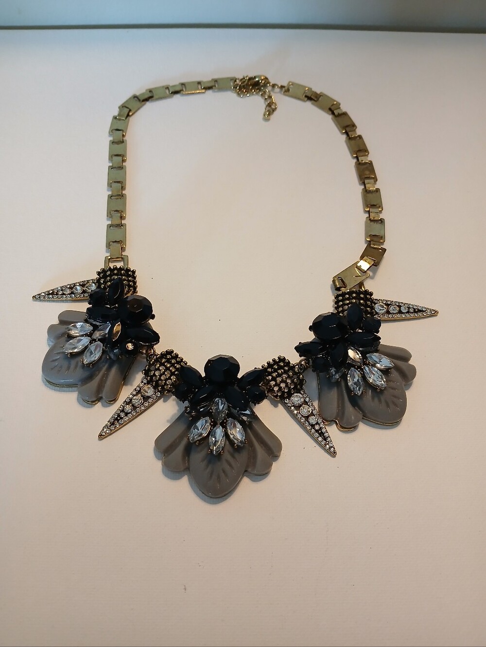Gold Statement Necklace with Black and Gray Floral Crystals